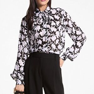 MICHAEL MICHAEL KORS Shadow Floral Georgette Tie-Neck Blouse | SMALL